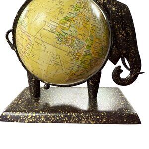 Vintage Elephant-Themed Globe With Speckled Black & Gold Metal Stand
